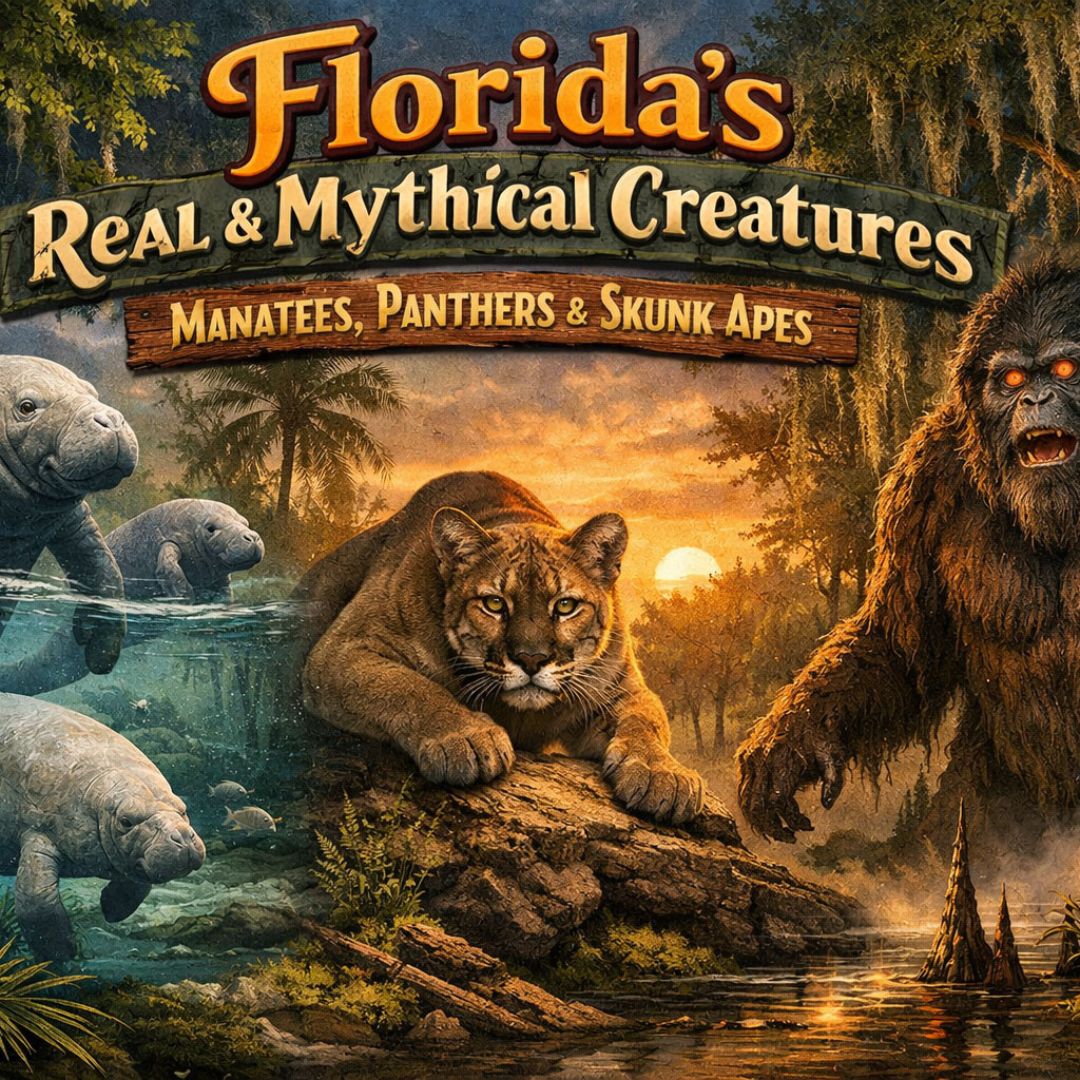 Illustration of Florida wildlife at sunset with manatees swimming, a panther on a log, and a glowing-eyed Skunk Ape in a misty swamp, titled “Florida’s Real & Mythical Creatures.”
